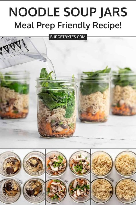 Jar Lunch Ideas, Soup Jars, Mason Jar Soup, Mason Jar Meal Prep, Mason Jar Lunch, Soup In A Jar, Mason Jar Salad Recipes, Jar Meals, Homemade Ramen