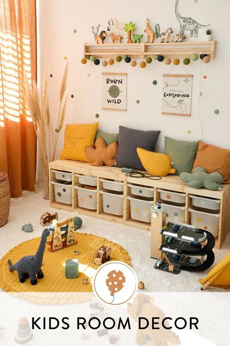 Embroidered bedding, funny wall stickers & posters for your little dinosaur fan 🌱 www.dinkiballoon.com | kids room, nursery, Kinderzimmer, Kinderzimmer Ideen Diy Wall Decor Nursery, Funny Wall Posters, Kids Room Two Beds, Ikea Toddler Bedroom, Kids Room Wall Design, Kids Room Ikea, Toddler Room Wall Decor, Toddler Room Design, Toddler Room Inspiration