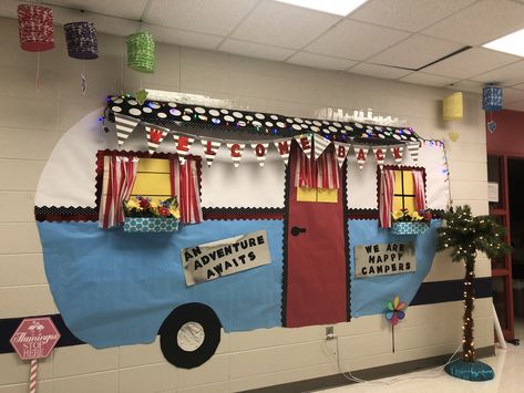 Road Trip Door Decoration, Camper Bulletin Board Ideas, Road Trip Decorations For Classroom, Camper Classroom Door, Road Trip Bulletin Board, Road Trip Vbs Decorations, Camper Bulletin Board, Woodland Bulletin Board, Gray Library