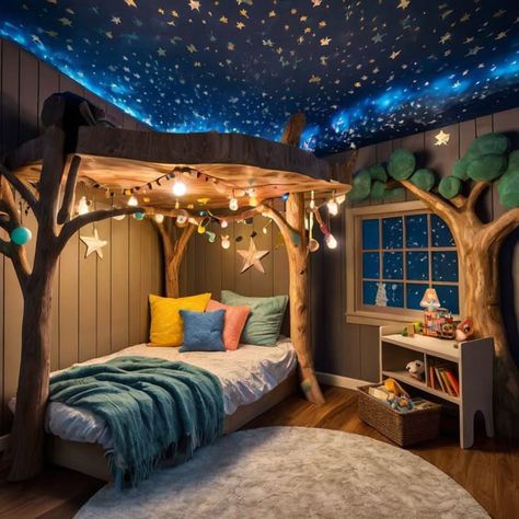 Cozy Tiny Room, Treehouse Bedroom Ideas, Montessori Bedroom Decor, Children Reading Corner, Nature Bedroom Kids, Magical Kids Bedroom, Toddler Bedrooms Boy, Fairytale Bedroom Kids, Themed Bedroom Decor