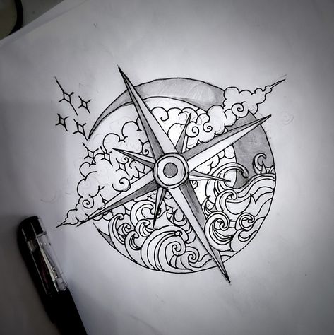 Compass Tattoo Design with Water Element and Scorpio Constellation Compass Water Tattoo, Ocean Compass Tattoo, Mandala Compass Tattoo, Mandala Compass, Compass Rose Design, Compass Drawing, Scorpio Constellation, Ink Therapy, Compass Tattoo Design