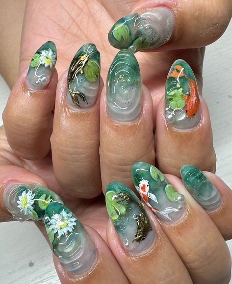 Pond Nail Art, Coy Fish Nails, Koi Pond Nails, Ongles Nail Art, Cool Nail Inspo 2024, Complex Nail Art, Water Colour Nails, Goldfish Nails, Japanese Inspired Nails