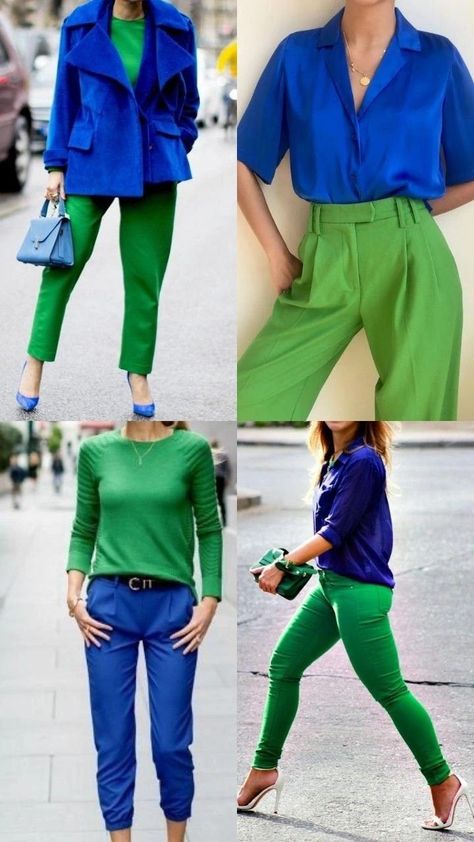 Color Blocking Casual Outfits, Blue And Green Outfit Ideas, Kelly Green Pants Outfit Spring, Blue Green Outfit Color Combos, Green Trousers Outfit Women Color Combos, Green And Blue Outfits For Women, Bright Blue Top Outfit, Blue And Green Outfits For Women, Outfit Pantalon Vert