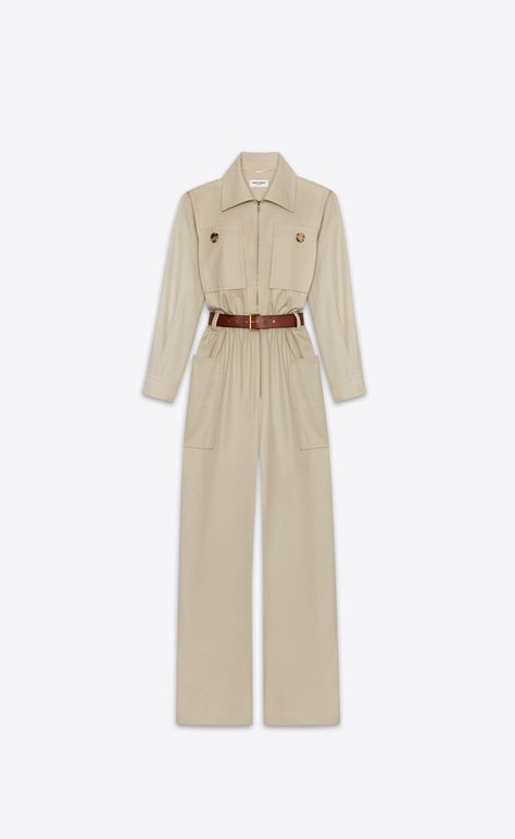 Discover BEIGE CLAIR jumpsuit in cotton twill from Saint Laurent online store. Fashion Show Videos, Water Fashion, Build Wardrobe, Beige Jumpsuit, Airplane Wallpaper, Luxury Clothes, Airport Fashion, Suit Set, My Clothes