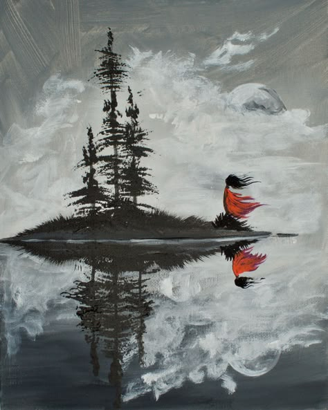 Learn to paint acrylic on Canvas an island reflection in black and white TAS170930.01 - Wild Woman with Trees By the Art Sherpa Tree Painting Canvas, Lake Reflection, Black Canvas Paintings, Reflection Painting, The Art Sherpa, Art Sherpa, Paint Nite, Soyut Sanat Tabloları, Acrylic Painting Ideas