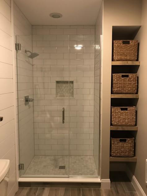 Shower with side shelving Remodel Master Bed, Shower Remodel With Shelves, Tall Bathroom Shelves, Small Bathroom Showers Walk In Remodeling Ideas, Small Master Shower Remodel, Tile Shower With Storage, Shampoo Shelf In Shower Cubbies, Shower Room Shelves, Shower With Side Shelves