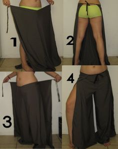 E ach piece makes one leg, sewn together in the U (make the U long enough to go from belly to back of waist), make tops of U long eno... Pantalon Thai, Wrap Pants, Diy Wrap, Diy Vetement, Sew Ins, Bathing Suit Covers, Work Dresses, Diy Clothing, Pants Pattern