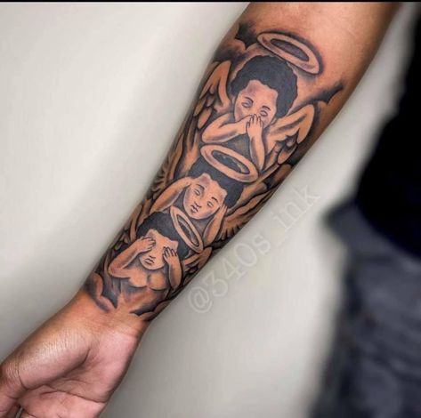 Upper Outer Arm Tattoo, Inside Arm Tattoo Men, Fye Tattoos, Inside Bicep Tattoo, No Evil Tattoo, Arm Tattoos Lettering, Thigh Piece Tattoos, Inside Of Arm Tattoo, Arm Tattoos Black