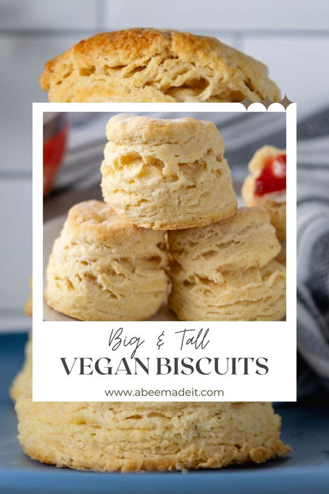 Pictures with stacks of big and tall vegan biscuits. Vegan Buiscits Recipes, Vegan Gluten Free Biscuits, Vegan Biscuit Recipe, Butter Biscuit Recipe, Recipe With Almond Milk, Vegan Breakfast Bowls, Vegan Cereal, Yeast Biscuits, Vegan Copycat