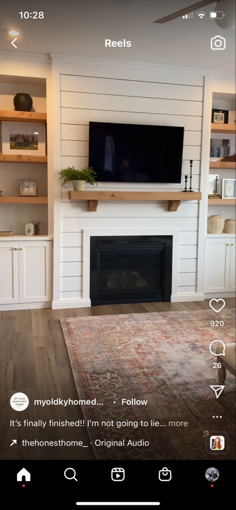 Living Room Inspiration With Fireplace And Tv, Cottage Gas Fireplace Ideas, Shiplap Fireplace With Built Ins On Both Sides, Traditional Gas Fireplace Ideas With Tv Above, Gas Fireplace With Shelves On Side, Diy Propane Fireplace Living Rooms, Fireplace Insert With Built Ins, Fireplace With Small Built Ins, White Shiplap Fireplace With Built Ins