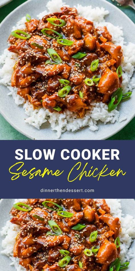 Slow Cooker Sesame Chicken is an easy recipe for Asian takeout. Chicken in a sweet and savory sauce with honey, sesame oil, and soy sauce. Slow Cooker Sesame Chicken is so easy to make with sauce ingredients you definitely have on hand. Sesame Chicken Recipe Slow Cooker, Sticky Honey Chicken Slow Cooker, Slow Cooker Honey Sesame Chicken, Chinese Chicken In Crockpot, Crockpot Sesame Chicken Easy, Crockpot Honey Sesame Chicken, Honey Sesame Chicken Crock Pot, Crockpot Sticky Chicken, Chinese Chicken Recipes Crockpot