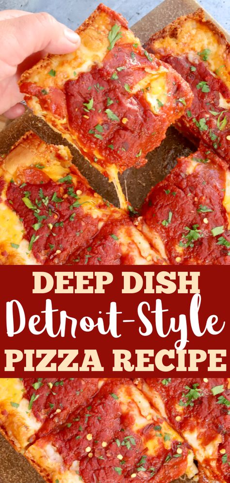 Detroit Pizza Dough Crust Recipe, Detroit Style Pizza Dough, Homemade Deep Dish Pizza Dough, Detroit Style Pizza Dough Recipe, Detroit Pizza Recipe, Homemade Detroit Style Pizza, Brooklyn Style Pizza, Copycat Deep Dish Pizza, Detroit Deep Dish Pizza Recipe