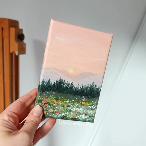 Spring = more colors 🌸⁠ ⁠ I couldn't resist painting a mini landscape with the vibrant colors of this season🌷⁠Swipe to see more photos and let me know what you think🌷🤗⁠ ⁠ the original painting is available for purchase on Etsy ✨ ⁠ ⁠ and in case you want to watch the steps of painting this mini landscape, there's a video on my YT channel ✨ link in my bio⁠ .⁠ .⁠ .⁠ .⁠ #minicanvas #minicanvaspainting #acrylicpaintingartist #acrylicpaintings #artistsonig #artstudio #artstudiolife #minipainting ... Painted Mini Canvas, Simple Landscape Painting Ideas, Mini Oil Painting Ideas, Mini Watercolour Painting, Book Painting Ideas On Canvas, Tiny Paintings Simple, Painting Ideas On Small Canvas, Mini Paintings Ideas Easy, Tiny Paintings Ideas