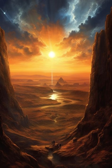 Desert Tomb Fantasy Art, Fantasy Desert Landscape Art, Fantasy Desert Marketplace, Sunrise Fantasy Art, Fantasy Oasis Art, Sunrise Concept Art, Desert Dunes Aesthetic, Desert Mountain Art, Sun City Fantasy Art