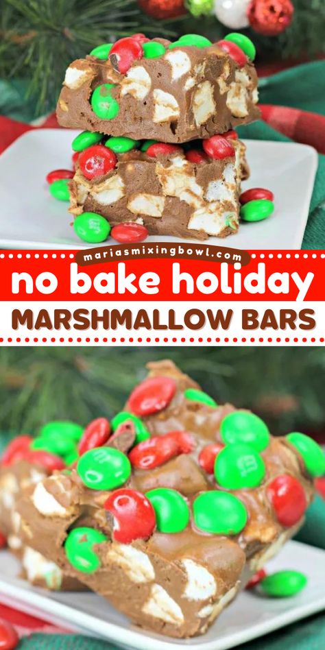 Say hello to your new favorite holiday treat! Everyone will love these holiday marshmallow bars. Studded with red and green M&M's, these no-bake marshmallow bars are a perfect Christmas dessert recipe! No Bake Holiday Marshmallow Bars, No Bake Marshmallow Bars, M&m Dream Bars, No Bake Marshmallow Treats, M M Marshmallow Dream Bars, What Can I Do With Marshmallows, Christmas Baking Marshmallow, Marshmallow Dream Bars, Recipes Using Dehydrated Marshmallows