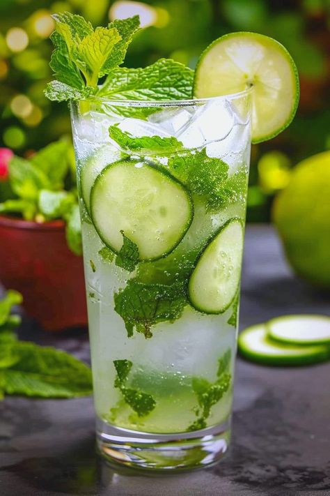 Cava Cucumber Mint Drink, Cucumber Lime Mocktail, Cucumber Mint Vodka Cocktail, Cucumber Cocktail Recipes, Cucumber Mint Mojito, Cucumber Mojito Recipe, Cucumber Vodka Drinks, Cucumber Mojito, Mojito Pitcher