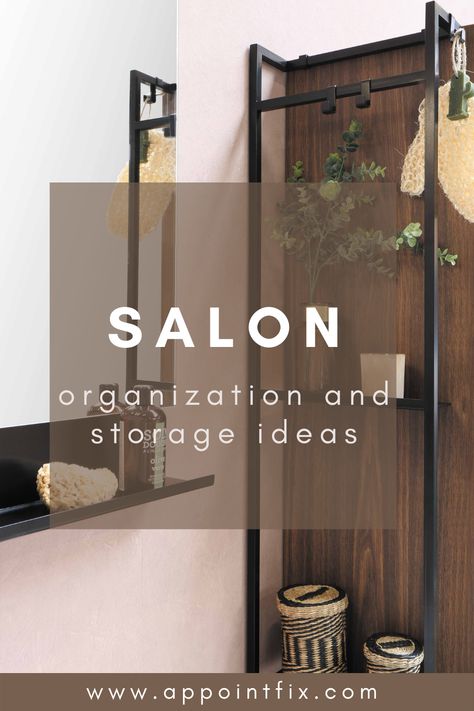 storage ideas for salons Hair Salon With Tool Boxes, Retail Display Ideas Small Spaces Salon, Classy Salon Suite, Hair Salon Makeover, Salon Towels Storage Ideas, Salon Drawer Organization Ideas, Salon Cape Storage, Small Salon Space Decor, Salon Coat Rack Ideas