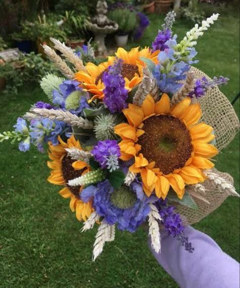 Wedding Top Table Flowers, Sunflowers And Lavender, Lavender Wedding Theme, Artificial Bridal Bouquets, Lavender Wedding Flowers, Flower Girl Wand, Sunflower Wedding Bouquet, Sunflower Themed Wedding, Rustic Bouquet