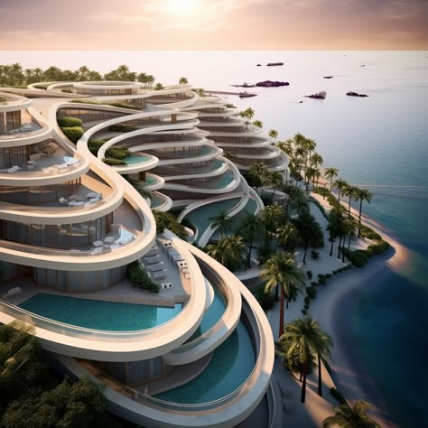 Resort design explorations by the seaside! 🏖️ From luxurious interiors to serene beachfront continuous balconies, these designs embody the perfect blend of elegance and tranquillity. Swipe to explore more! 🏝️💫 Costal Hotel Design, Resort Landscape Design, Mountain Resort Design, Island Proposal, Beach Resort Design, Buildings Reference, Futuristic Transportation, Resort Design Plan, Beach Architecture