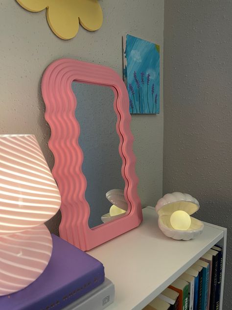 aesthetic finds // shell lamp , wavy pink mirror , danish pastel Wavy Mirror Aesthetic, Pastel Aesthetic Bedroom, Apartment Finds, Aesthetic Finds, Danish Pastel Aesthetic, Girl Apartment, Mirror Aesthetic, Wavy Mirror, Aesthetic Apartment