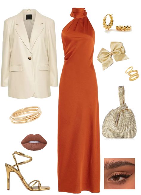 Elegant Orange Outfit, Orange Brown Outfit, Dress Ideas For Wedding Guest, Copper Outfit, Orange Dress Outfit Wedding, Elegant Wedding Guest Outfit, Orange Outfit Ideas, Orange Dress Outfit, Orange Party Dress