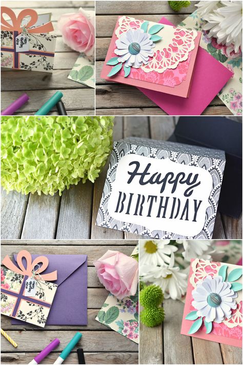 Make these beautiful cards with Cricut's new Anna Griffin patterned cardstock. Cricut Cards Ideas, Cardstock Cricut, Cards For Sister, Patterned Cardstock, Present Card, Cardstock Cards, Cardstock Crafts, Love Birthday Cards, Homemade With Love