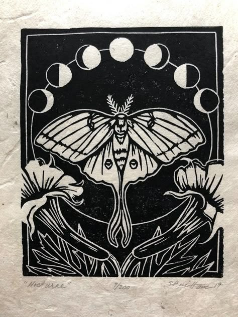 Moth Art Print, Moth Print, Lunar Moon, Moon Moth, The Phases Of The Moon, Flower Drawing Tutorials, Linocut Printmaking, Moth Art, Lino Art