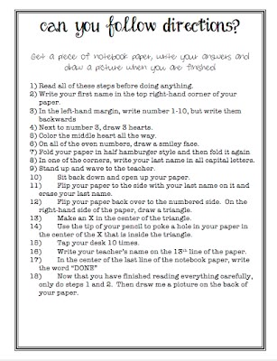 Following Directions Worksheet, Directions Worksheet, First Days Of School, Substitute Teaching, School Daze, Beginning Of Year, First Week Of School, Beginning Of The School Year, Following Directions