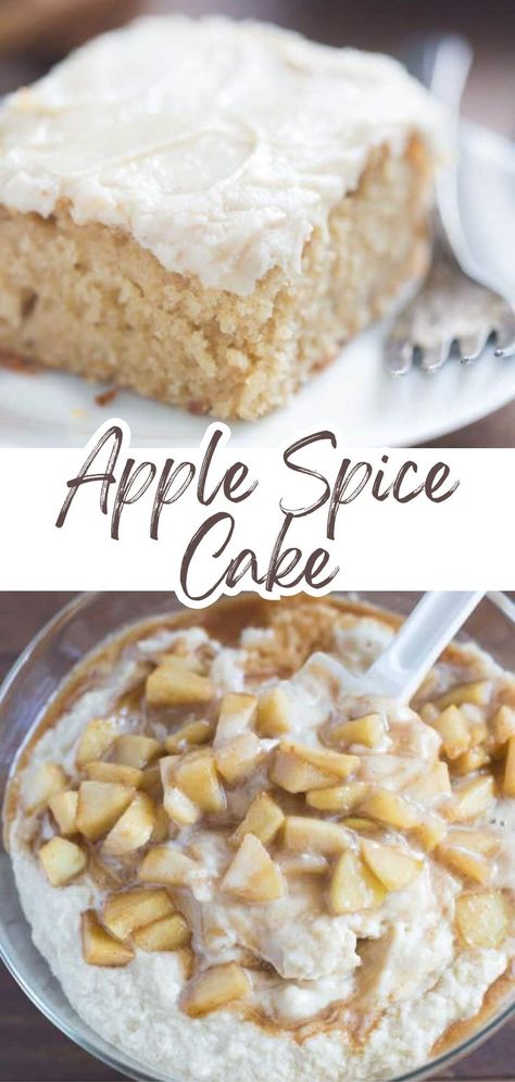 Easy homemade Apple Spice Cake with brown sugar cream cheese frosting. Best fall dessert recipe. Homemade Spice Cake Recipe, Homemade Spice Cake, Apple Spice Cake Recipe, Brown Sugar Cream Cheese Frosting, Food Ideas Desserts, Spice Frosting, Cream Cheese Icing Recipe, Apple Spice Cake, Brown Sugar Recipes