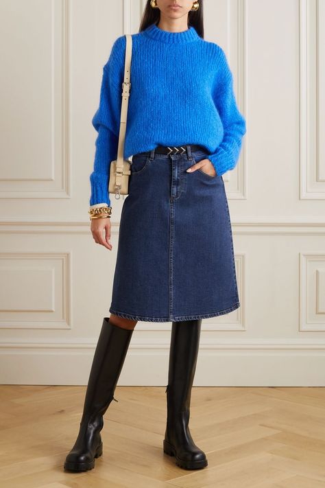 Blue Midi Skirt Outfit, Knee Length Skirts Outfits, Midi Skirt Outfit Winter, Knee Length Jean Skirts, Denim Midi Skirt Outfit, Skirt Outfit Fall, Denim Skirts Knee Length, George Daniel, A Line Denim Skirt