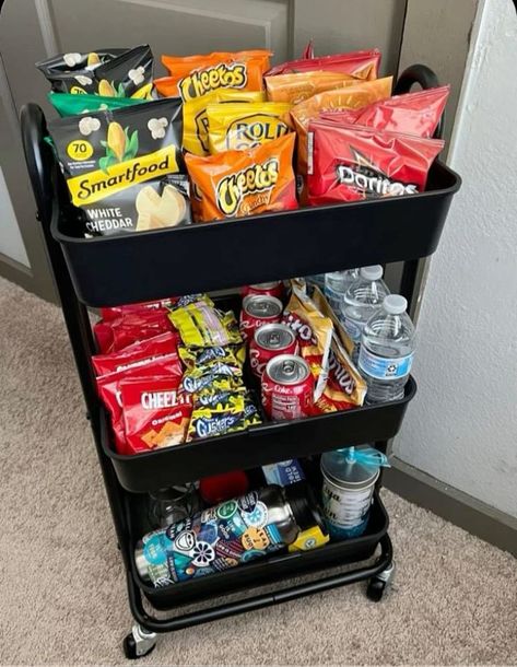 Snack Section In Room, Snacks For Bedroom, Snack Area In Bedroom, Basement Hangout Ideas, Snack Wall, Hair Suite, Hair Room, College Dorm Room Inspiration, Snack Cart