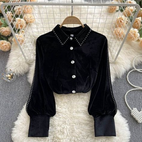 Velvet Top Designs For Women, Velvet Top Design, Velvet Shirt Design, Velvet Shirt Outfit, Velvet Top Designs, Velvet Blouse Design, Rare Clothing, Black Velvet Top, Velvet Design