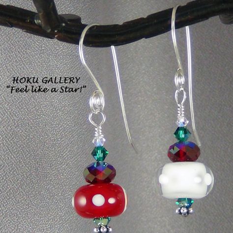 New!!!  Red White Green Lampwork Glass Bead Earrings  by HokuGallery Gallery Jewelry, Glass Bead Earrings, Londonderry, 2 Earrings, Handcrafted Artisan Jewelry, Earrings Christmas, Lampwork Glass Beads, Long Tail, Christmas Red