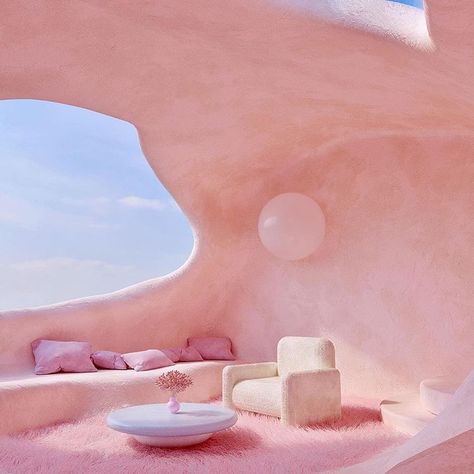 Layers&Shapes op Instagram Interior design by @riviersneda Dreamscape Architecture, Interior Wallpaper, Retro Interior, Organic Architecture, Earthship, Aesthetic Rooms, Waiting Rooms, Pink Walls, Futuristic Architecture