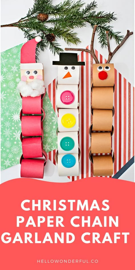 Christmas Diy With Paper, Paper Garlands Christmas, Paper Chain Christmas Decorations, Christmas Garland Crafts For Kids, Hanging Christmas Decorations Diy Kids, Christmas Chain Garland, Paper Garland Ideas Christmas, Paper Garland Diy Christmas, Paper Stocking Craft