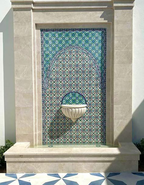 hand painted ceramic tile mural Fountain Tile, Aqaba Jordan, Hampton Style Home, Fountain Wall, Exterior Door Designs, Mini Waterfall, Garden Sink, Unique Murals, Outdoor Water Features