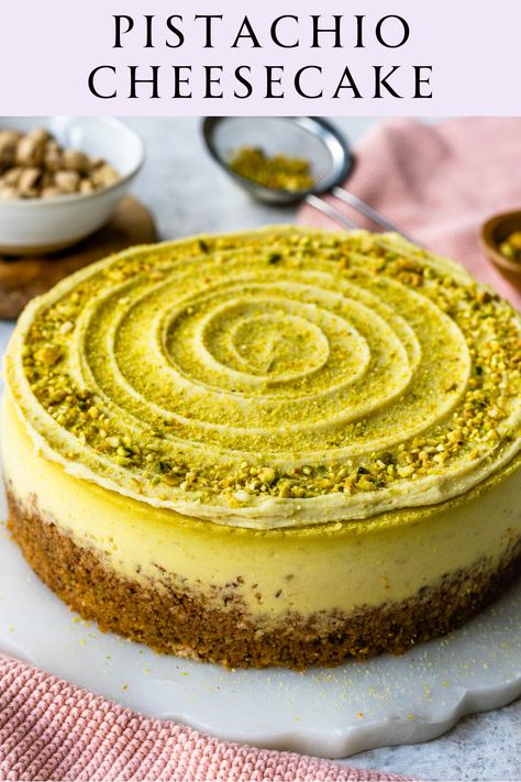 This Pistachio Cheesecake Recipe features a delicious Pistachio Graham Cracker Crust, with a creamy Pistachio Cheesecake filling, topped with Pistachio Ganache. It has the perfect balance between the nutty flavor and a rich and creamy texture. Pistachio Nutella Cake, Flavors Of Cheesecake, Stanley Tucci Pistachio Cheesecake, Pistachio Cream Cheesecake, Cake With Pistachio Cream, Easy Pistachio Cheesecake, Cheesecake Recipes Pistachio, Pistachio No Bake Cheesecake, Best Pistachio Dessert