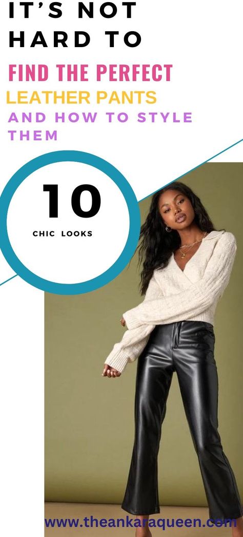 A black model with long wavy hair wears a white v-neck criss cross sweater with black leather pants. Styling Wide Leg Faux Leather Pants, Wide Leg Crop Leather Pants Outfit, Leather Capri Pants Outfit, Shoes For Leather Pants, Tops To Wear With Leather Pants, Shoes To Wear With Black Leather Pants, Shoes To Wear With Leather Pants, Leather Bell Bottoms Outfit, What To Wear With Black Leather Pants