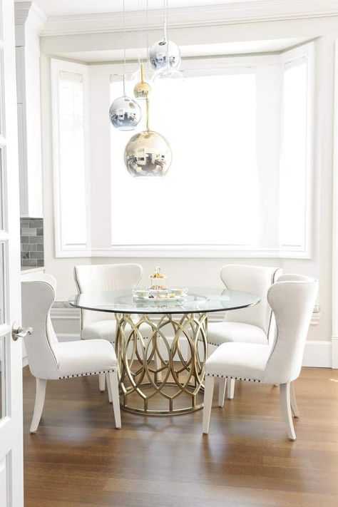 Round Glass Dining Room Table, Glass Kitchen Table, Glass Kitchen Tables, Wingback Dining Chair, Glass Dining Room Table, Glass Round Dining Table, Transitional Dining Room, Round Dining Room Table, White Chairs