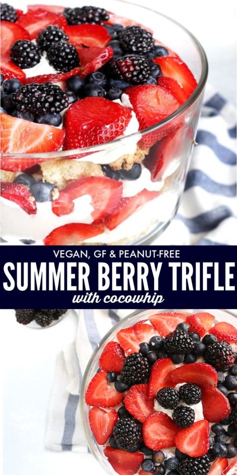 This Vegan Berry Trifle is perfect for a summer party. It’s refreshing, gorgeous, and you can make it ahead of time! Sure to be a crowd-pleasing hit! |www.allergylicious.com| #4thofjuly #vegancake #glutenfreedessert #nutfree #ketofriendly #trifle #summerdessert #healthydessert Dairy Free Trifle, Vegan Trifle, Bbq Dessert, Bbq Desserts, Berry Trifle, Cows Milk, Dessert Oreo, Vegan Candies, Berry Recipes