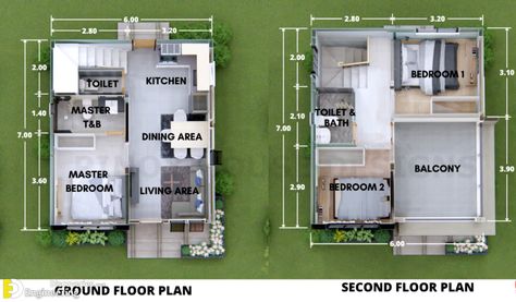 Small 2-Storey House Design 6.0m x 7.0m With 3 Bedrooms | Engineering Discoveries House Design With 3 Bedrooms, Small House Design Floor Plan, 3 Bedroom House Design, Desired House, Duplex Ideas, Small House Design Philippines, Two Storey House Plans, Small House Exteriors, Small House Blueprints