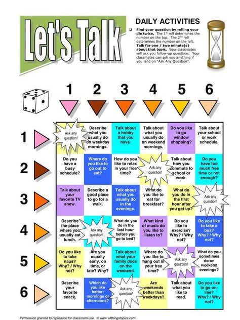 This is a great speaking activity to talk about daily activities. Your students roll the die twice to find a question to talk about. The first roll determines the number on the top and the second roll determines the number on the left. Fun English Games, Speaking Games, Esl Ideas, Esl Games, Esl English, Teaching Esl, Esl Activities, English Games, Speaking Activities