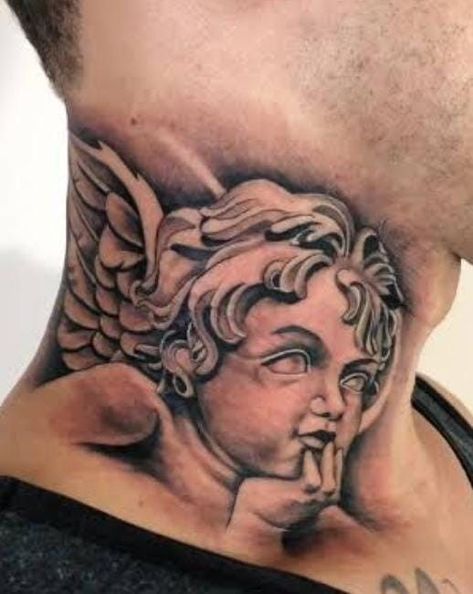 Angel Whispering In Ear Tattoo Design, Angel Whispering In Ear Tattoo, Angel Neck Tattoo, Neck And Throat Tattoos Men, Half Sleeve Tattoos Sketches, Aztec Tattoos Sleeve, Side Neck Tattoo, Skull Hand Tattoo, Throat Tattoo