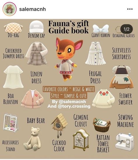 Cottagecore Anch Villagers, Anch Cottagecore Codes, Acnh Villager Outfits, Bea Yard Guide Acnh, Fauna Gift Guide Acnh, Stitches Gift Guide Acnh, Shino Acnh Gift Guide, Animal Crossing Cottage Core Ideas, Animal Crossing Villager Gift Guide