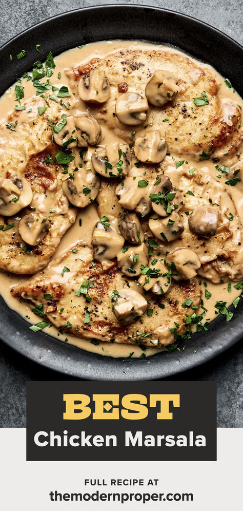 a bowl of  chicken marsala made with breaded chicken in a creamy mushroom marsala sauce topped with fresh parsley Graham Marsala Recipe, Breaded Chicken Marsala, Chicken Marsala Dutch Oven, Carabbas Chicken Marsala, Chicken Marsala Sauce Recipe, Ina Garten Chicken Marsala Recipe, Chicken Marsala No Mushrooms, Dutch Oven Chicken Marsala, Creamy Marsala Sauce