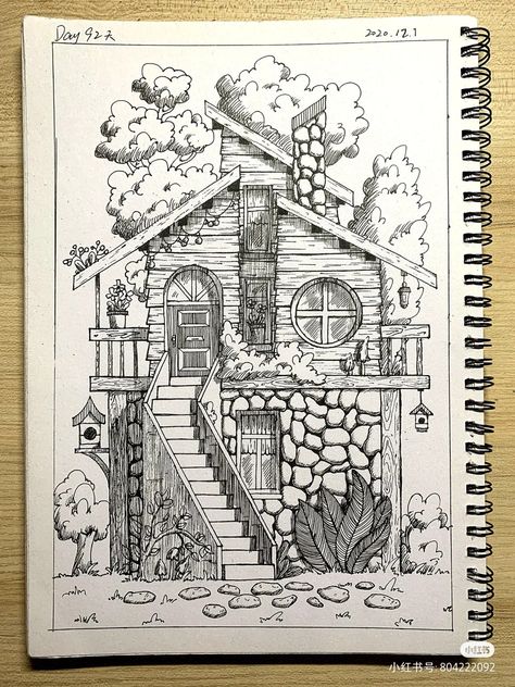 How To Draw Houses, House Pen Drawing, Big House Drawing, How To Draw Architecture, House Sketch Drawing, Studio Ghibli Drawings, Japanese Architecture Drawings, Cool Art Drawings Sketches, Scenery Sketch