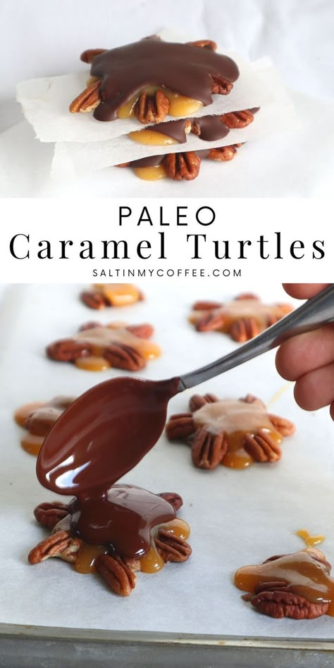 Paleo Christmas Recipes, Turtle Candies, Gluten Free Christmas Treats, Paleo Candy, Maple Caramel, Paleo Christmas, Healthy Holiday Treats, Pecan Turtles, Real Honey