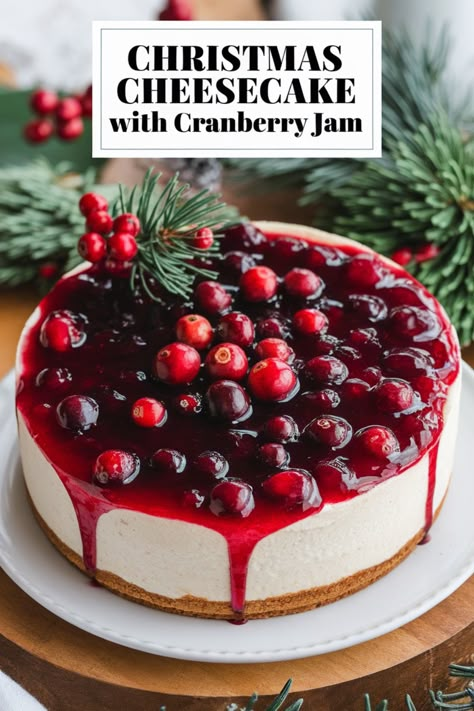 Christmas cheesecake topped with cranberry jam and garnished with pine sprigs. Cranberry Topping For Cheesecake, Cranberry Cheesecake Topping, Modern Chocolate Cake, Winter Cheesecake, Cheesecake Christmas, Christmas Cheesecake Recipes, Cranberry Christmas Cake, Homemade Christmas Cake, Easy Christmas Cake Recipe