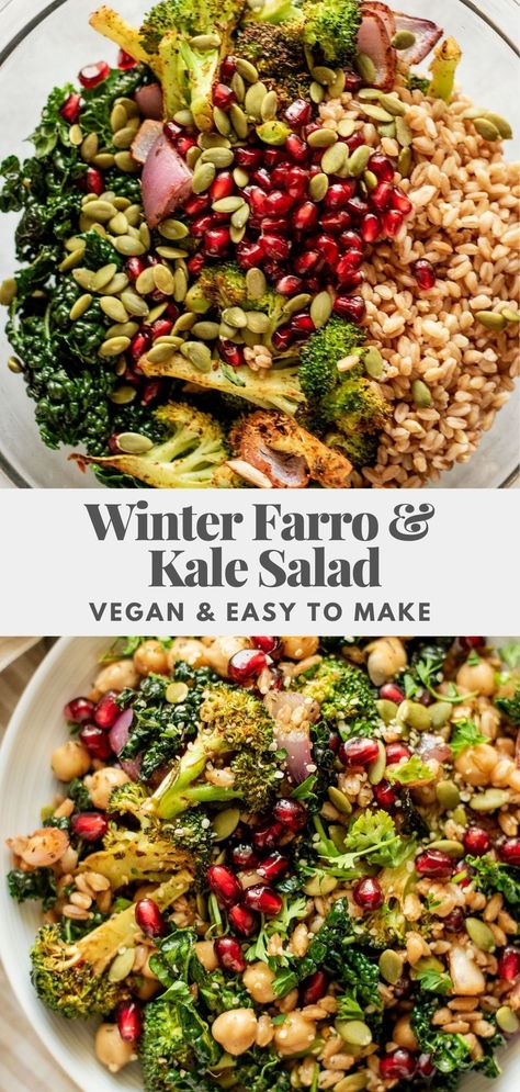 This hearty Winter Farro and Kale Salad is loaded with tender farro, chickpeas, and sweet pomegranate seeds, dressed in a garlic citrus dressing. Easy meal prep for easy lunches. Farro Edamame Salad, Cold Farro Salad, Vegan Farro Salad, Farro Salad Vegan, Farro Salad With Chicken, Low Calorie Farro Recipes, Meals With Farro, Farro And Kale Salad, Moroccan Kale Salad