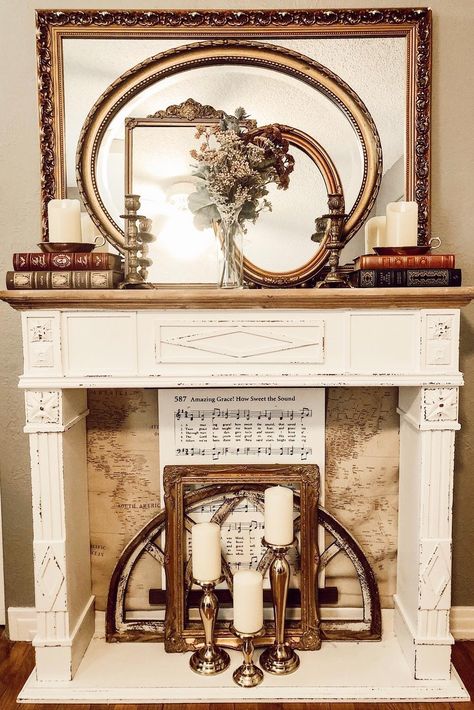 Layered Mirrors Mantle Farmhouse, Vintage Mirror Over Fireplace, Mirrors On Mantels, Wall Of Vintage Mirrors, Stacking Mirrors On Mantle, Fireplaces With Mirrors Above, Mirrors On Mantle, Mantels With Mirrors, Layered Mirrors Mantle